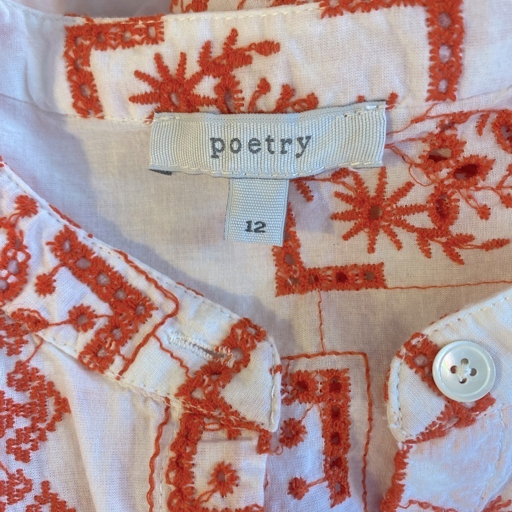 Poetry 100% Cotton Bohemian Patchwork White w Poppy Red Embroidery Midi Size 12 - Picture 8 of 9